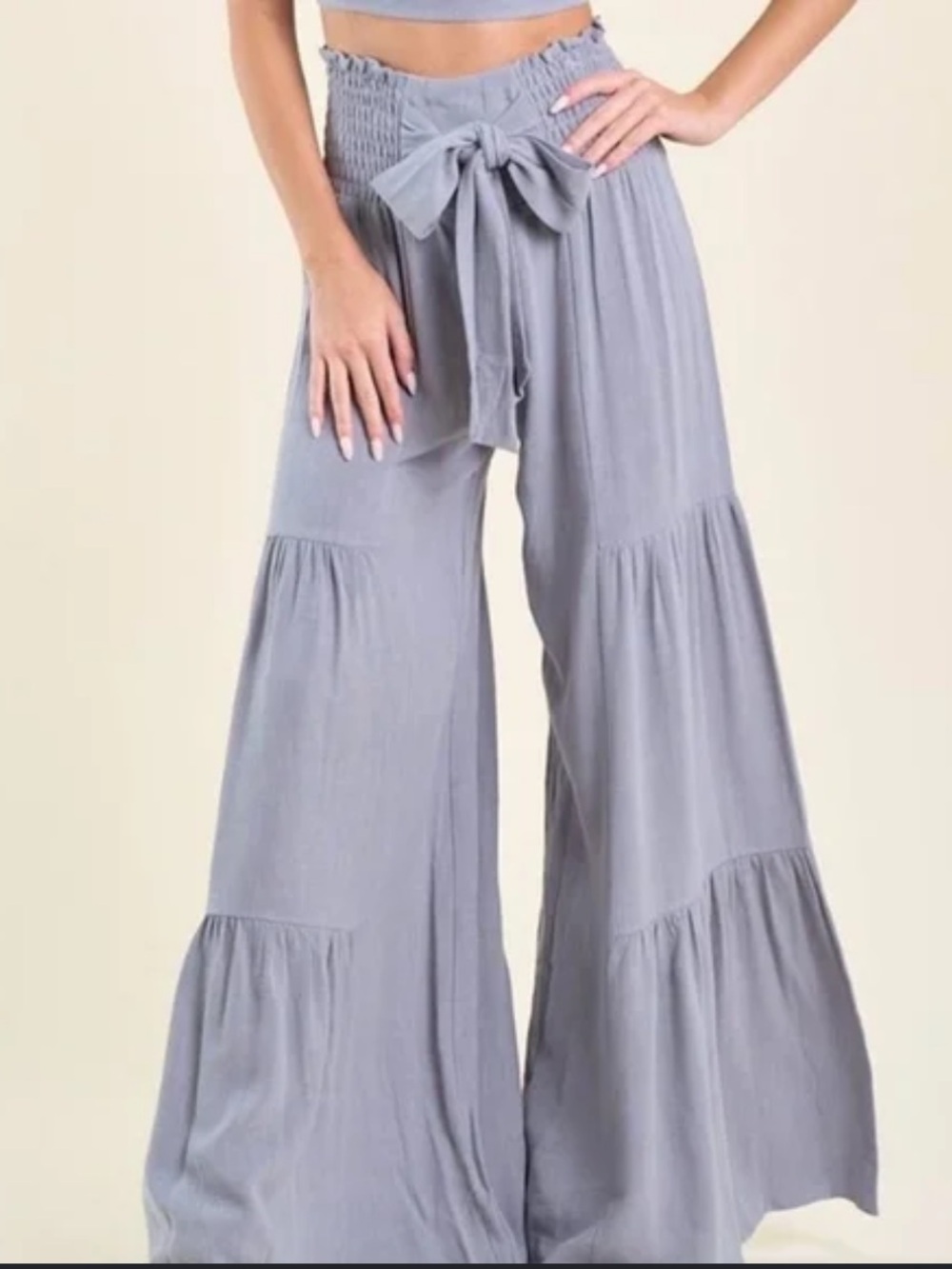 Smocked High-Waist Wide Leg Tiered Pants with Front Bow - Powder Blue